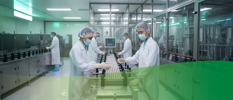 Two lab technicians in white coats and masks work in a clean, high-tech laboratory.