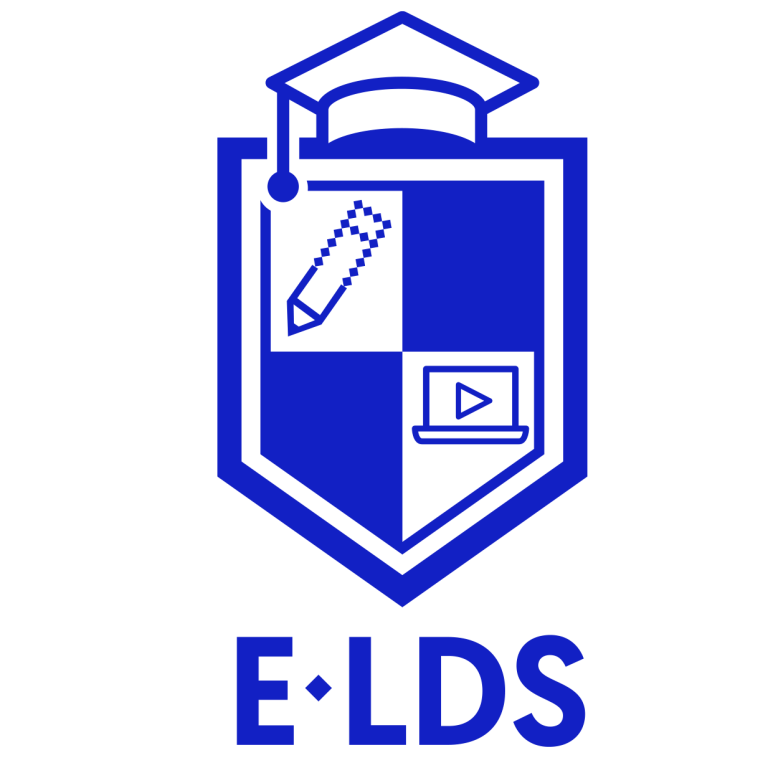 E-Learning Design Solutions logo, featuring a shield with a graduation cap, pencil, and laptop icons. Text: E·LDS.