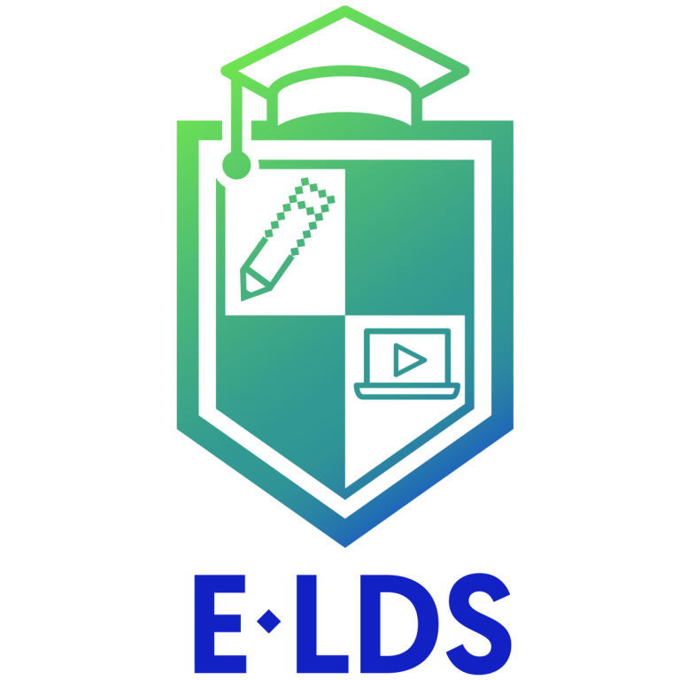 E-Learning Design Solutions logo, featuring a shield with a graduation cap, pencil, and laptop icons. Text: E·LDS.